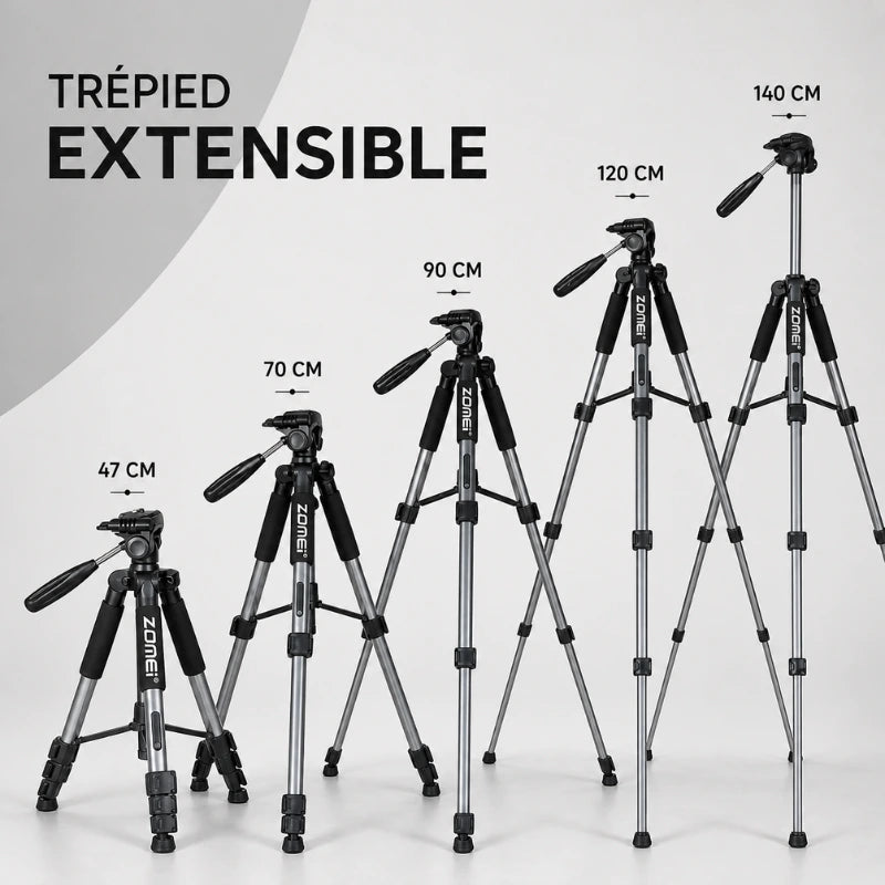 Infographie trépied extensible gris Zomei montrant 5 hauteurs : 47 cm, 70 cm, 90 cm, 120 cm et 140 cm