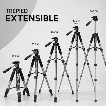Infographie trépied extensible gris Zomei montrant 5 hauteurs : 47 cm, 70 cm, 90 cm, 120 cm et 140 cm
