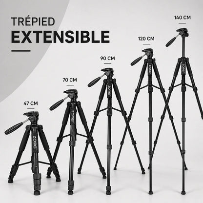 Infographie trépied extensible noir Zomei montrant 5 hauteurs : 47 cm, 70 cm, 90 cm, 120 cm et 140 cm