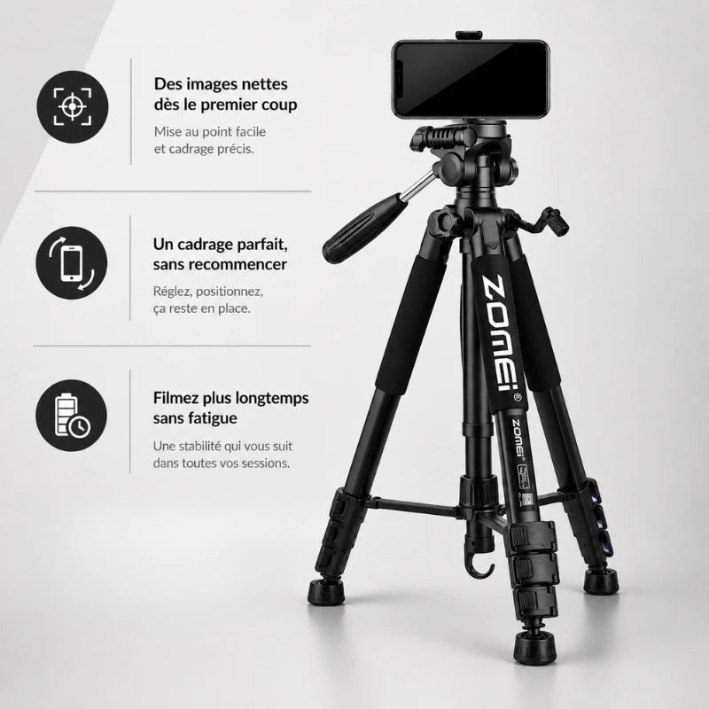 Trépied noir Zomei avec smartphone fixé en haut - infographie 3 avantages : images nettes des le premier coup, cadrage parfait sans recommencer, filmez plus longtemps sans fatigue