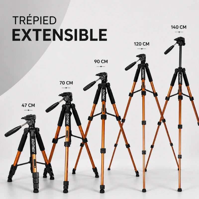 Infographie trépied extensible orange et noir montrant 5 hauteurs de 47 cm à 140 cm