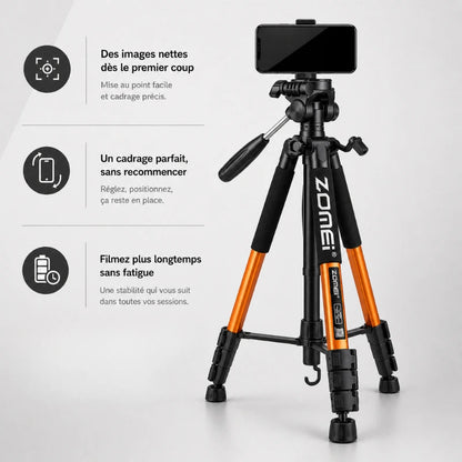 Trépied orange et noir avec smartphone fixé en haut - infographie 3 avantages : images nettes dès le premier coup, cadrage parfait, filmez longtemps sans fatigue