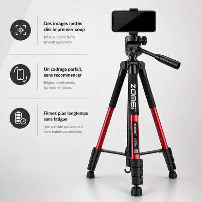 Trépied rouge Zomei avec smartphone fixé en mode portrait - infographie 3 avantages : images nettes des le premier coup, cadrage parfait sans recommencer, filmer plus longtemps sans fatigue