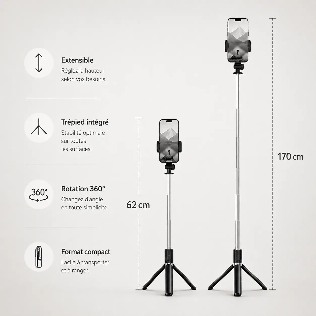 Trépied Téléphone 170 CM Télescopique Bluetooth | Selfie, Live & Voyage - vue 2