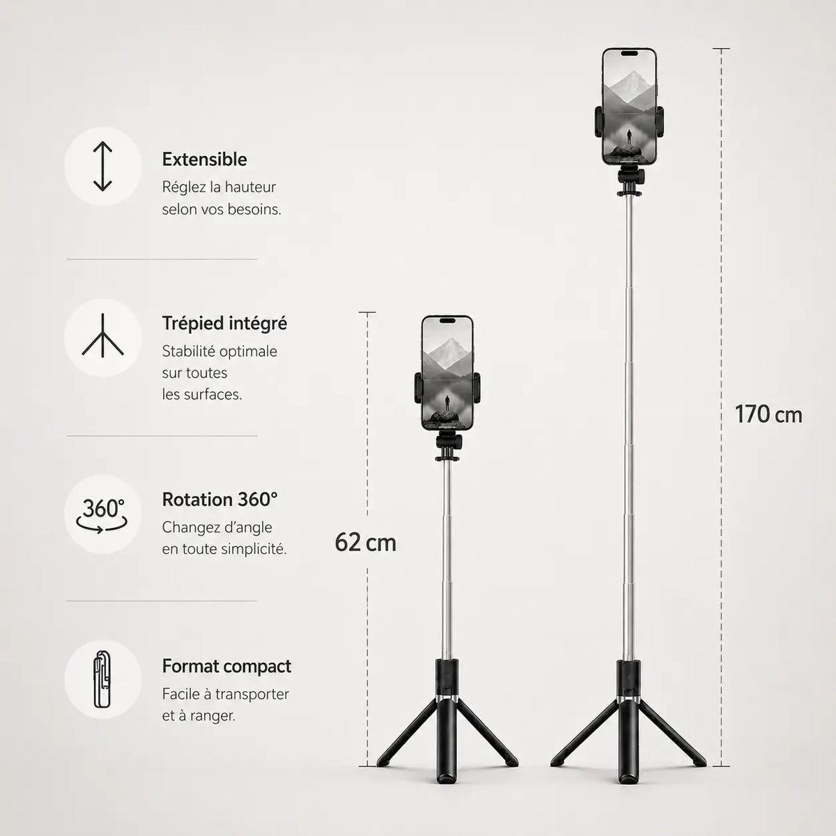 Trépied Téléphone 170 CM Télescopique Bluetooth | Selfie, Live & Voyage - vue 2