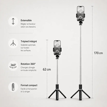 Trépied Téléphone 170 CM Télescopique Bluetooth | Selfie, Live & Voyage - vue 2