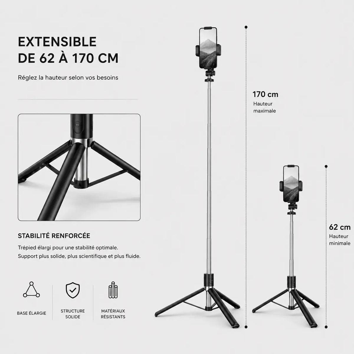 Trépied Téléphone 170 CM Télescopique Bluetooth | Selfie, Live & Voyage - vue 3