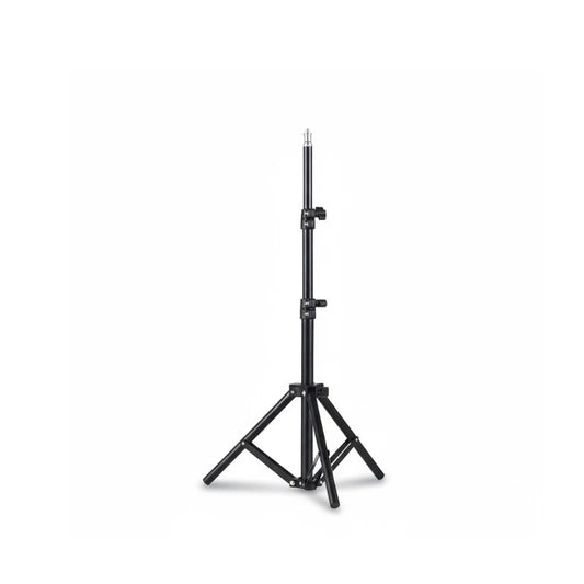 Trépied pour vidéoprojecteur noir extensible 110 cm, tige fine télescopique noire avec vis en haut et deux molettes de réglage, quatre pieds déployés, sur fond blanc