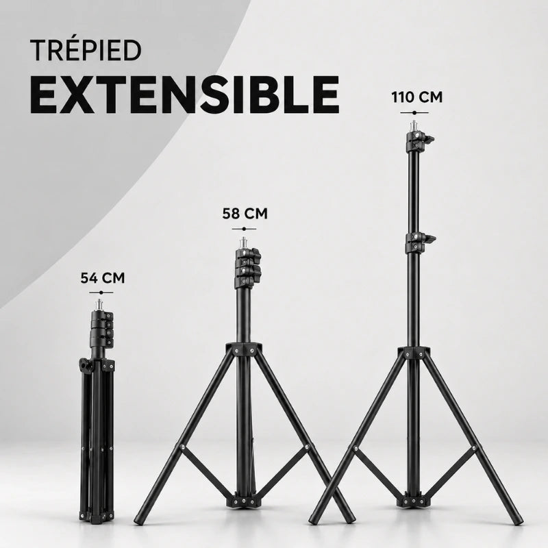 Infographie trépied extensible noir montrant 3 tailles : replié 54 cm, mi-hauteur 58 cm et déployé 110 cm