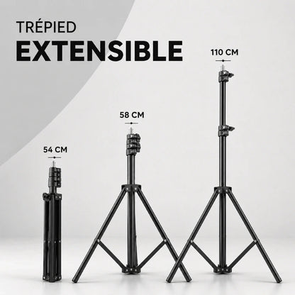 Infographie trépied extensible noir montrant 3 tailles : replié 54 cm, mi-hauteur 58 cm et déployé 110 cm