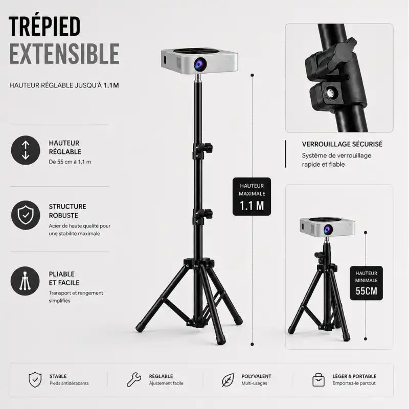 Infographie trépied vidéoprojecteur noir extensible jusqu a 1,1 m : hauteur réglable de 55 a 110 cm, structure robuste acier, pliable et facile, verrouillage sécurisé - stable, réglable, polyvalent, léger et portable