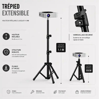 Infographie trépied vidéoprojecteur noir extensible jusqu a 1,1 m : hauteur réglable de 55 a 110 cm, structure robuste acier, pliable et facile, verrouillage sécurisé - stable, réglable, polyvalent, léger et portable