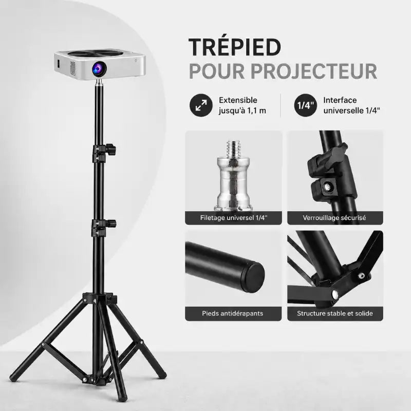 Infographie trépied pour projecteur noir avec vidéoprojecteur monté : extensible jusqu a 1,1 m, interface universelle 1/4 - détails : filetage universel 1/4, verrouillage sécurisé, pieds antidérapants, structure stable et solide