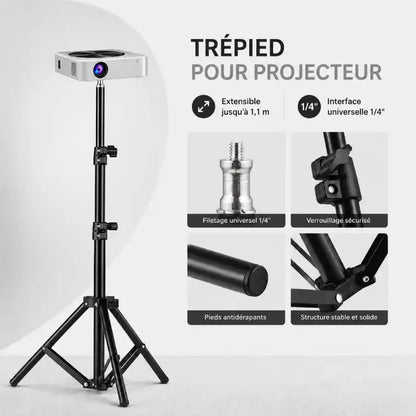 Infographie trépied pour projecteur noir avec vidéoprojecteur monté : extensible jusqu a 1,1 m, interface universelle 1/4 - détails : filetage universel 1/4, verrouillage sécurisé, pieds antidérapants, structure stable et solide