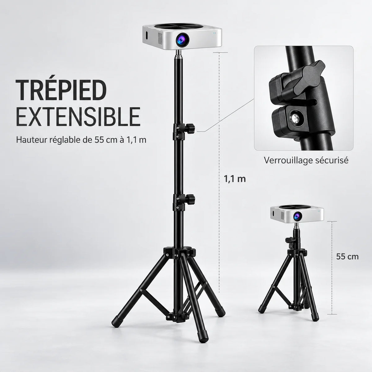 Trépied Vidéoprojecteur 110 CM Noir - réglage et fixation du trépied pour vidéoprojecteur, Tous Vidéoprojecteurs, Léger & Réglable