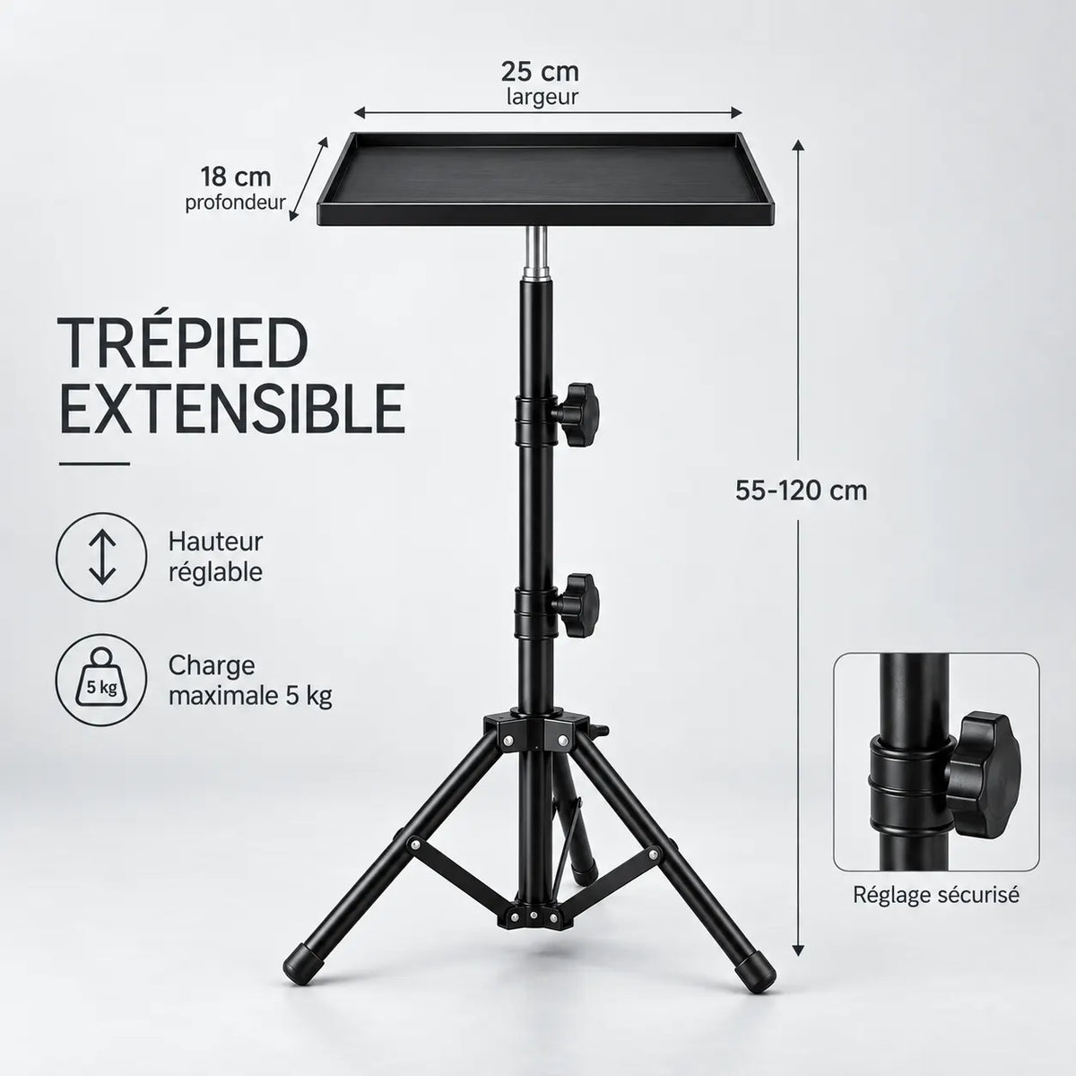 Trépied Vidéoprojecteur 120 CM - vue de détail du trépied pour vidéoprojecteur, Tous Vidéoprojecteurs, Plateau inclus & Hauteur Réglable