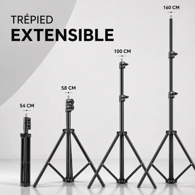 Infographie trépied vidéoprojecteur extensible noir montrant 4 hauteurs : 54 cm, 58 cm, 100 cm et 160 cm