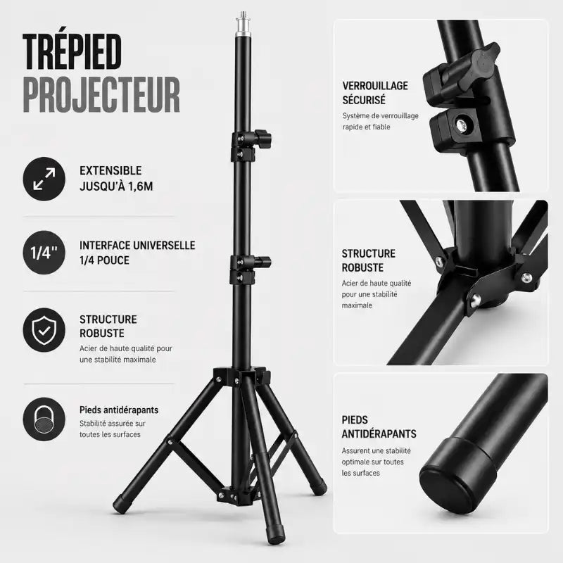 Infographie trépied projecteur noir : extensible jusqu a 1,6 m, interface universelle 1/4 pouce, structure robuste acier, pieds antidérapants - gros plans verrouillage sécurisé, structure robuste et pieds antidérapants