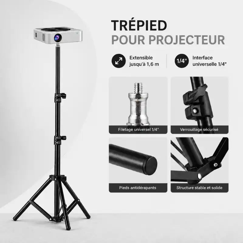 Trépied noir avec vidéoprojecteur blanc monté en haut - infographie 4 détails : filetage universel 1/4, verrouillage sécurisé, pieds antidérapants, structure stable et solide