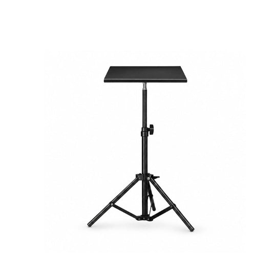 Trépied pour vidéoprojecteur noir avec plateau support rectangulaire noir en haut sur fond blanc