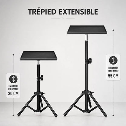 Infographie trépied vidéoprojecteur extensible noir : hauteur minimale 30 cm, hauteur maximale 55 cm