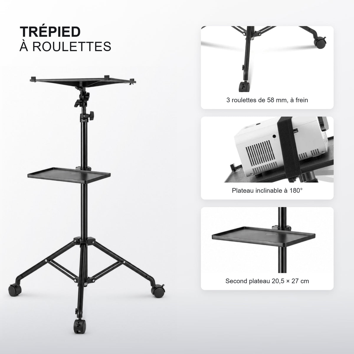 Détails du trépied à roulettes : roulettes à frein, plateau inclinable 180°, second plateau