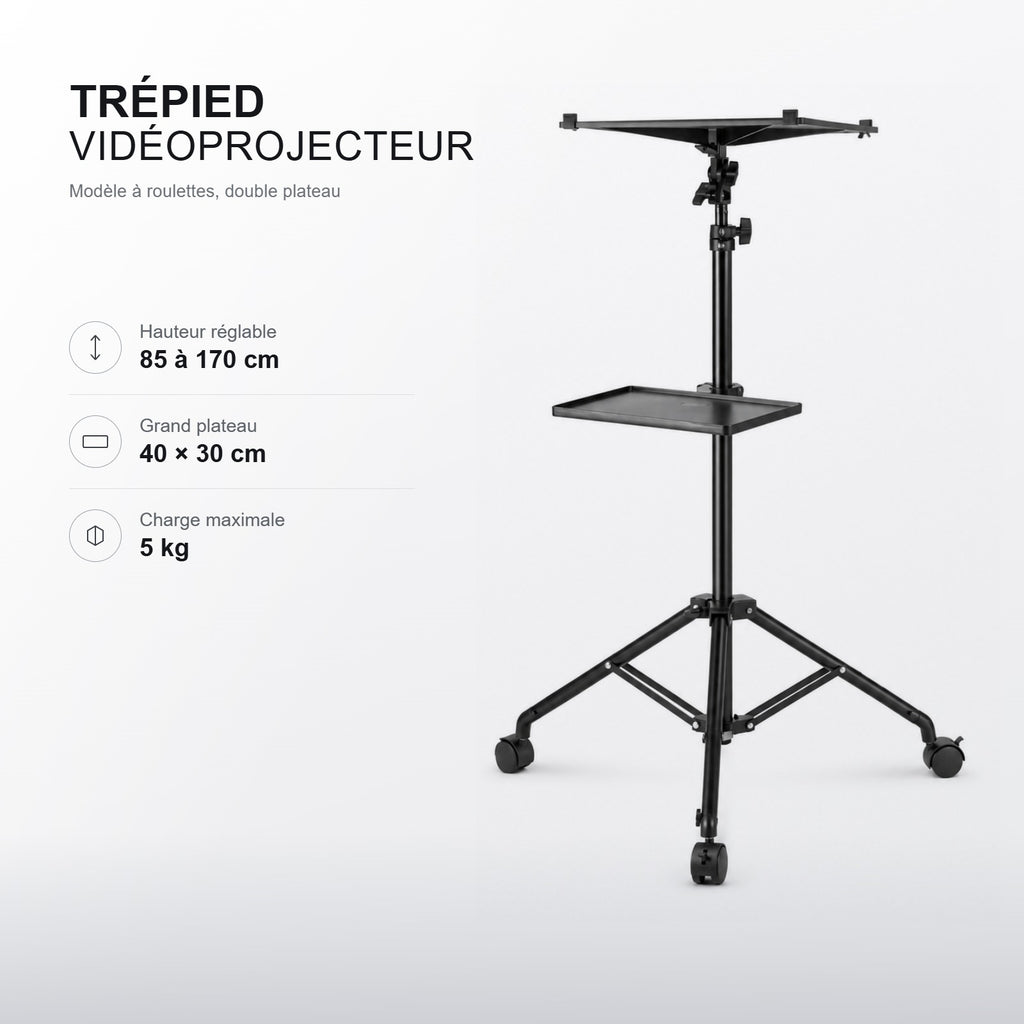 Dimensions du trépied vidéoprojecteur à roulettes : 85 à 170 cm, plateau 40 × 30 cm, charge 5 kg