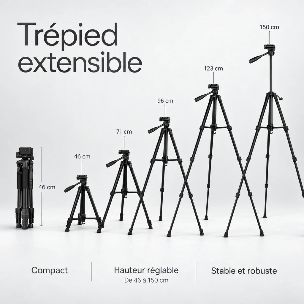 Trépied de voyage 150 cm, réglable jusqu'à 150 cm