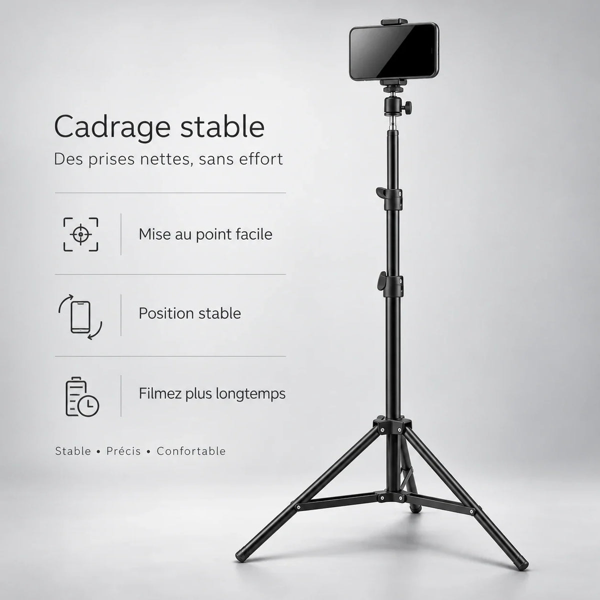 Trépied de voyage pour téléphone 160 cm, cadrage stable