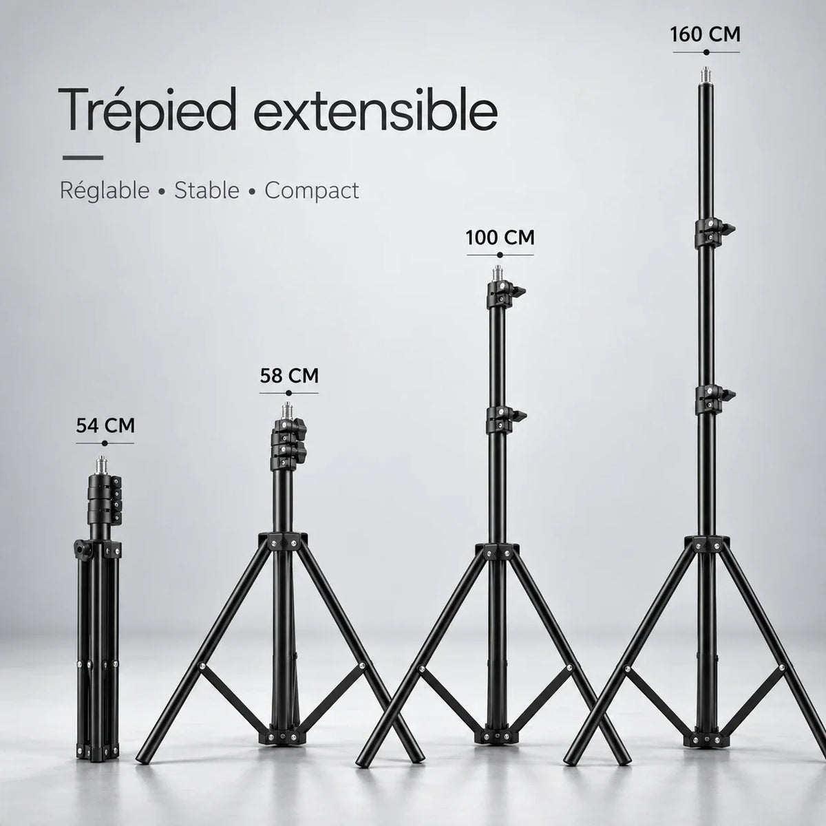 Trépied de voyage pour téléphone 160 cm, réglable jusqu'à 160 cm