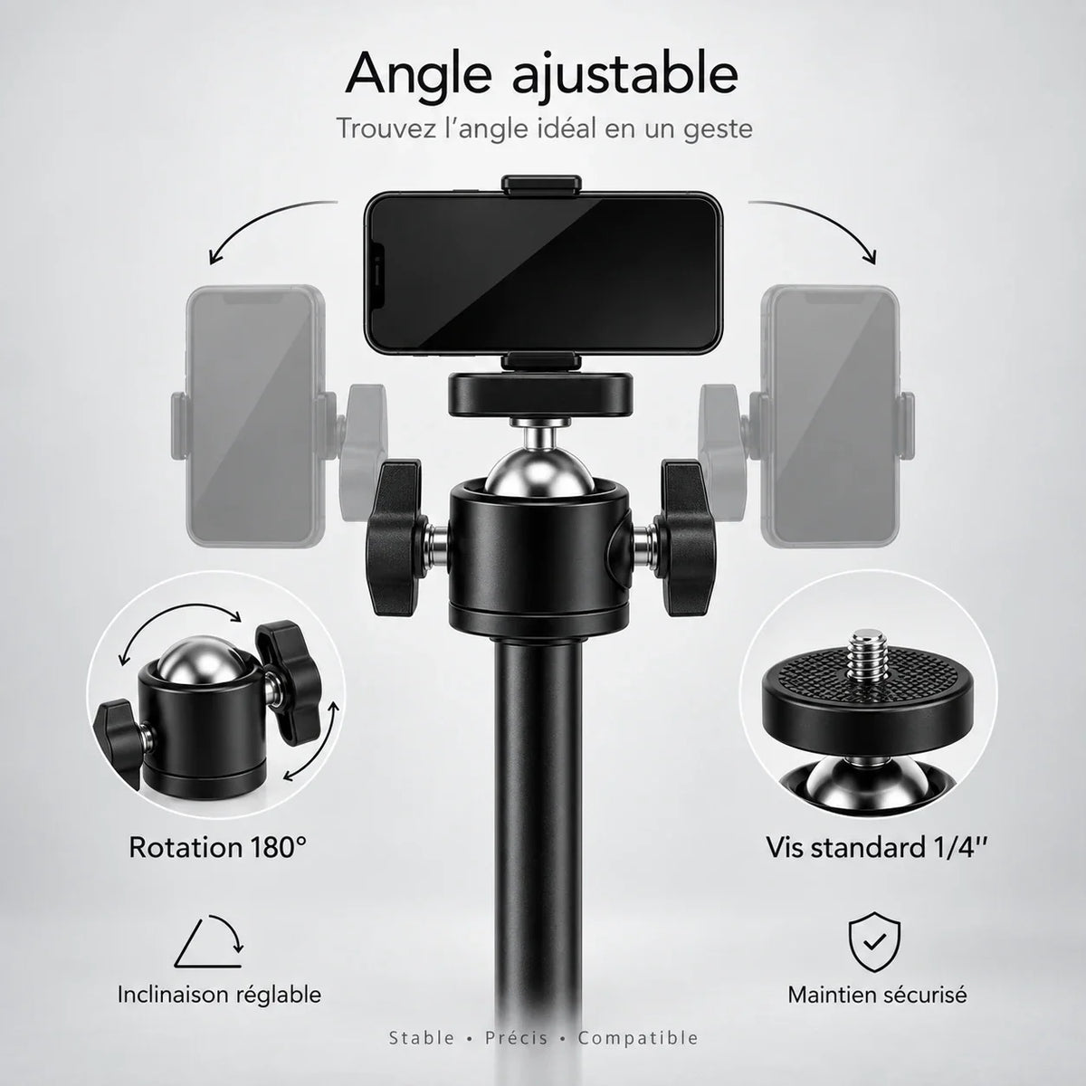 Trépied de voyage pour téléphone 160 cm, rotule 180° et vis 1/4